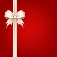 Square card wit realistic 3d beige bow with vertical silk ribbons on bright red background with copy space for text. White satin bow with tapes as gift, present wrapping element or frame for card