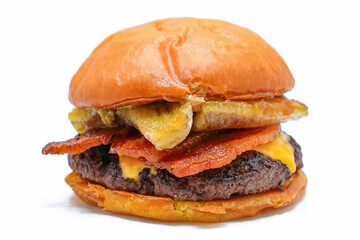Burger beef cheese classic minimal close up isolated on white. Hamburger freshly baked on white plate, homemade. Grocery product advertising, menu or package.