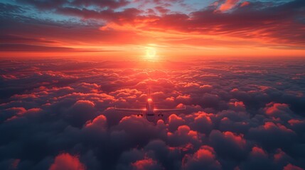  a large jetliner flying through a cloudy sky under a red and blue sky with the sun in the middle of the clouds and a plane in the middle of the middle of the sky.