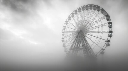  a ferris wheel on a foggy day with a ferris wheel on the far side of the ferris wheel in the middle of the picture is a black and white photo.
