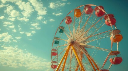  a ferris wheel on a sunny day with a blue sky in the back ground and clouds in the sky in the back ground and a blue sky with a few white clouds. - obrazy, fototapety, plakaty