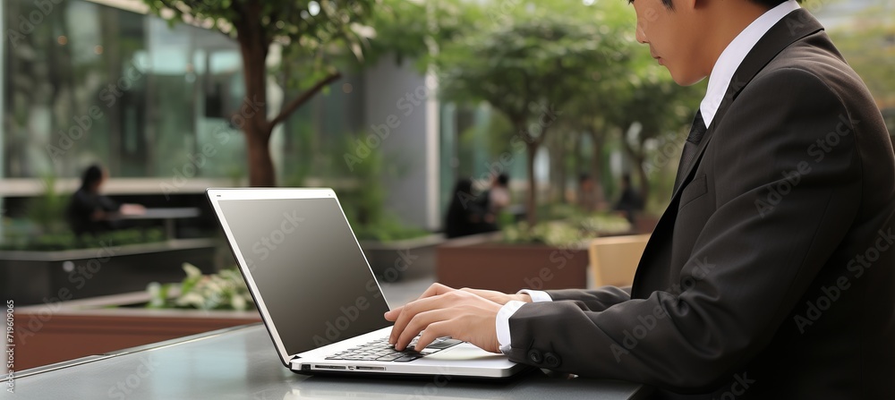 Poster smiling mature businessman working on laptop computer with copy space for text placement.