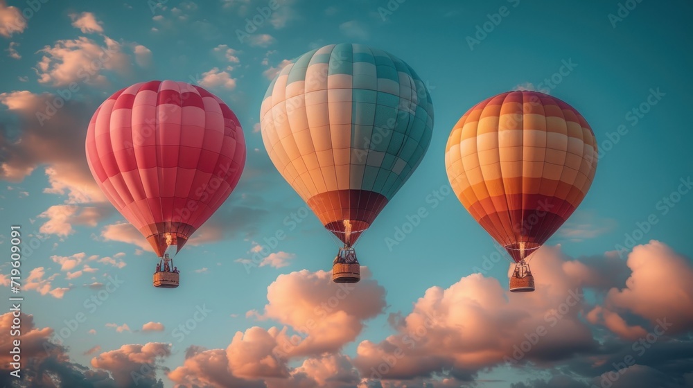 Canvas Prints  three hot air balloons flying in the sky with a blue sky in the back ground and a few clouds in the sky with a few clouds in the foreground.