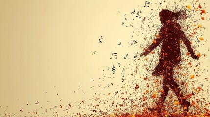  a silhouette of a woman is surrounded by musical notes and confetti as she walks through a field of orange and red confetti on a white background.