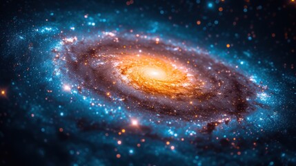  a close up of a spiral galaxy with a bright yellow star in the middle of the center of the image and stars in the sky around the center of the image.