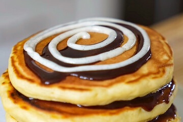 Pancakes fluffy stack with chocolate on white plate, delicious food. Homemade freshly baked...