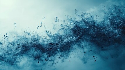  a group of musical notes flying through the air in front of a cloud of blue and white smoke on a gray and blue background with a blue hued background.