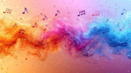  a multicolored background with music notes coming out of the top of the rainbow colored smoke and streamers of music notes coming out of the bottom of the rainbow colored smoke. - obrazy, fototapety, plakaty