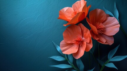  a close up of two orange flowers on a blue and green background with a green leafy plant in the foreground and a blue wall in the background behind.