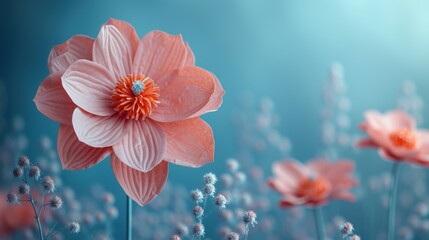  a close up of a pink flower on a blue background with other flowers in the foreground and a blurry background of blue grass and flowers in the foreground.