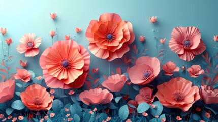  a bunch of flowers that are on a blue and pink background with leaves and flowers in the middle of the picture and the bottom half of the flowers in the middle of the picture.