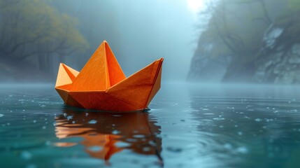  an origami boat floating on top of a lake in the middle of a foggy day with trees in the backround of the water and fog.