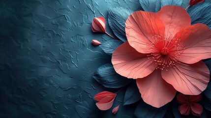  a close up of a pink flower on a blue background with red petals on the petals and the center of the flower in the center of the flower is a dark blue background.