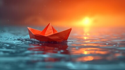  a red origami boat floating on top of a body of water with the sun shining through the clouds in the sky overcast day to the ocean origamight.