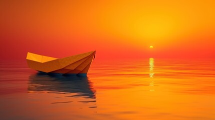  a small boat floating on top of a body of water under a bright orange and red sky with the sun setting in the distance over the water and a body of water with a small boat in the foreground.