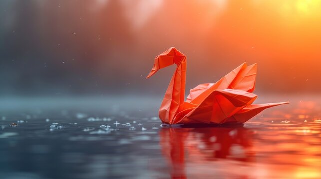  a red origami swan floating on top of a body of water with a bright orange sky in the background and water droplets on the bottom of the water.