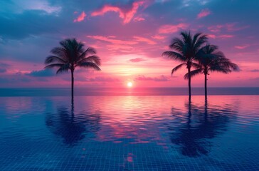 Fototapeta na wymiar the swimming pool under palm trees at sunset