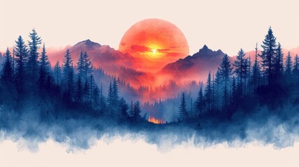  a painting of a sunset over a mountain range with pine trees in the foreground and a red sun in the middle of the mountain range, with a hazy sky.