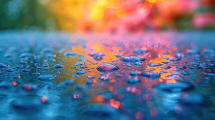  a close up of water droplets on a surface with blurry trees in the background and a red, yellow, blue, green, and orange hued sky in the background.