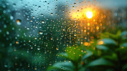  a close up of a rain covered window with the sun shining through the window and green leaves in the foreground, with a blurry background of trees and buildings in the background. - obrazy, fototapety, plakaty