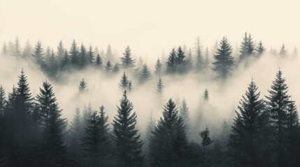 a black and white photo of a foggy forest with pine trees in the foreground and a few evergreens on the far side of the photo in the foreground.
