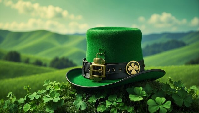A whimsical leprechaun hat, complete with a golden buckle and a sprig of lucky shamrocks, set against a backdrop of rolling green hills.