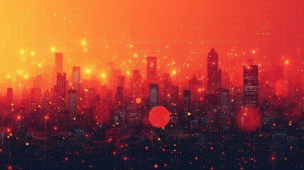  an orange and red cityscape with a red dot in the middle of the image and a red dot in the middle of the image in the middle of the image.