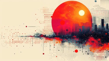  a picture of a city skyline with a red sun in the middle of the image and a black and white dot in the middle of the image with red dots.