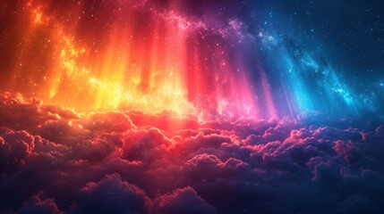  a colorful sky filled with lots of clouds and a bright beam of light coming out of the center of the sky in the middle of the middle of the picture.
