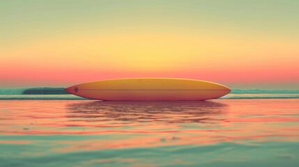 Fototapeta na wymiar a yellow surfboard sitting in the middle of a body of water with the sun setting in the background and a person standing in the water with a surfboard in the foreground.