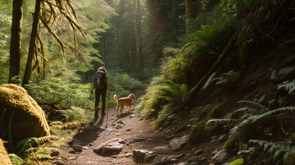Man hiking up a trail with his dog in the Pacific Northwest