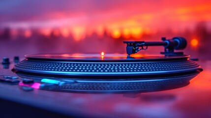  a turntable sitting on top of a table in front of a red and blue background with a blurry image of trees and a red and orange sky in the background.