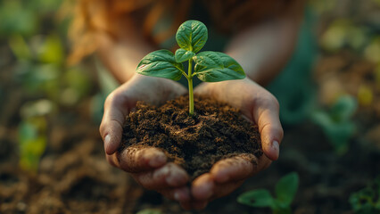 Unrecognizable woman holding a green seedling growing in soil. Woman holding young green seedling in soil, closeup