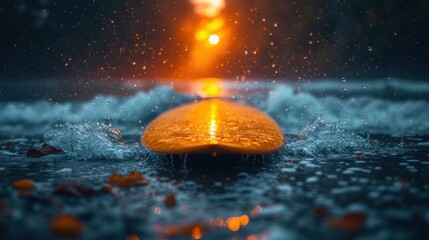  a yellow object floating on top of a body of water with a bright light in the middle of the picture and water splashing all over the top of it.