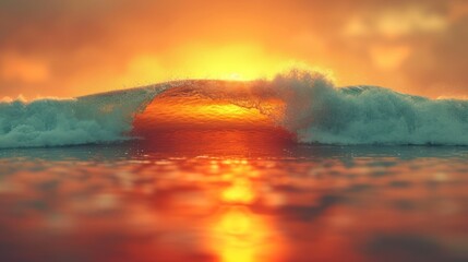  the sun is setting over the ocean with a wave in the foreground and a large wave in the middle of the ocean in the middle of the foreground.