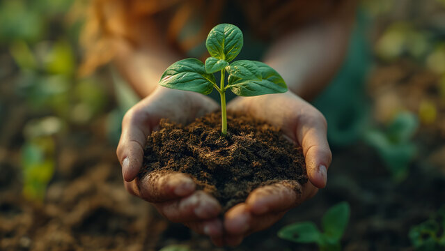 Unrecognizable woman holding a green seedling growing in soil. Woman holding young green seedling in soil, closeup