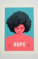 Concept illustration: Hope, a woman's face
Medium: Screenprint . Risograph print
Style: trendy handmade art print in modern palette