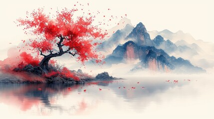  a painting of a tree in the middle of a body of water with mountains in the background and red leaves in the foreground, and a foggy sky.