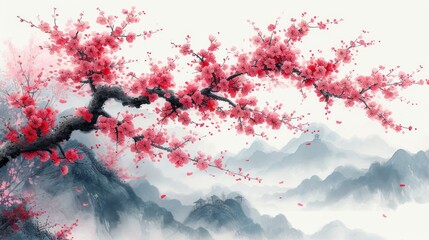  a painting of a tree with red flowers in the foreground and a mountain range in the background with fog in the foreground, and fog in the foreground.