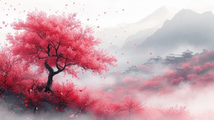  a painting of a tree in the middle of a foggy area with mountains in the background and a red tree in the foreground with red leaves in the foreground.