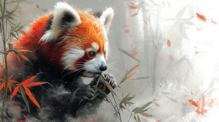  a painting of a red panda holding a bamboo branch in its mouth and looking at the camera with a blurry background of bamboo stalks and leaves in the foreground.