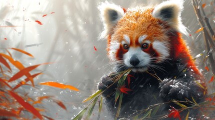  a painting of a red panda eating bamboo in a forest filled with red and orange leaves and grass in the foreground, with a blurry background of trees and foliage.