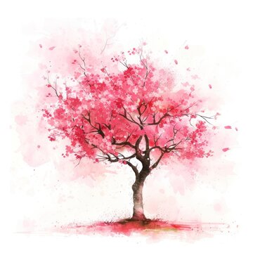  a watercolor painting of a pink tree with lots of leaves on it's branches and a red substance on the ground below the tree is a white background.