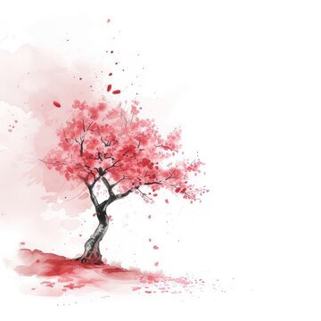  a watercolor painting of a tree with red leaves in the foreground and a white background with a red spot on the top of the tree and bottom half of the tree.