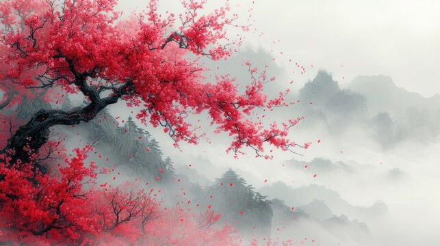  a painting of a red tree in front of a mountain range with fog in the air and trees in the foreground with red leaves blowing in the foreground.