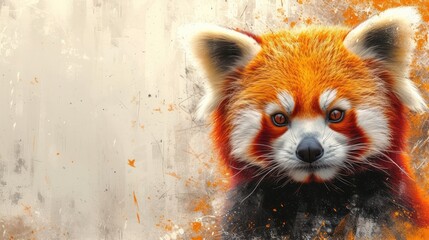  a close up of a red panda bear's face with orange and white paint splattered on it's face and behind it is a white background.