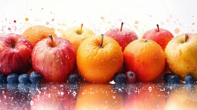  a row of apples, blueberries, and oranges on a reflective surface with a splash of water on the top of the image and bottom half of the image.