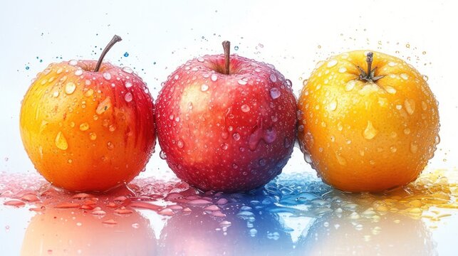  a group of three apples sitting next to each other in front of a white background with drops of water on the top of the apples and bottom half of the apples.