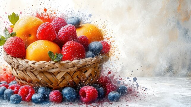  a basket filled with lots of fruit sitting next to a pile of blueberries, raspberries, oranges and raspberries on top of a table.