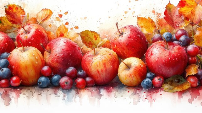  a painting of apples, berries, and leaves on a white background with a splash of water on the top of the image and bottom half of the painting of the image.